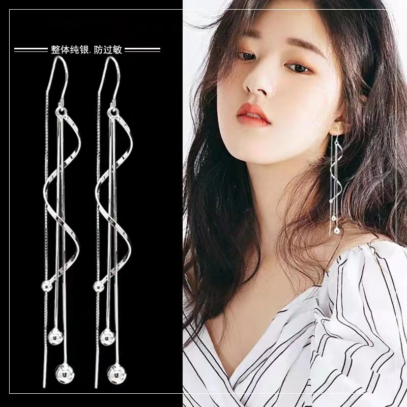 足银耳饰 纯银990螺旋波浪长流苏耳线正品时尚个性小众设计感耳环