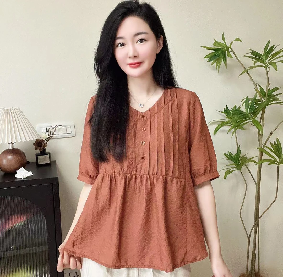 【潮蝶韩】时尚V领纯色短袖小衫中年妈妈装遮肚显瘦气质薄款上衣女