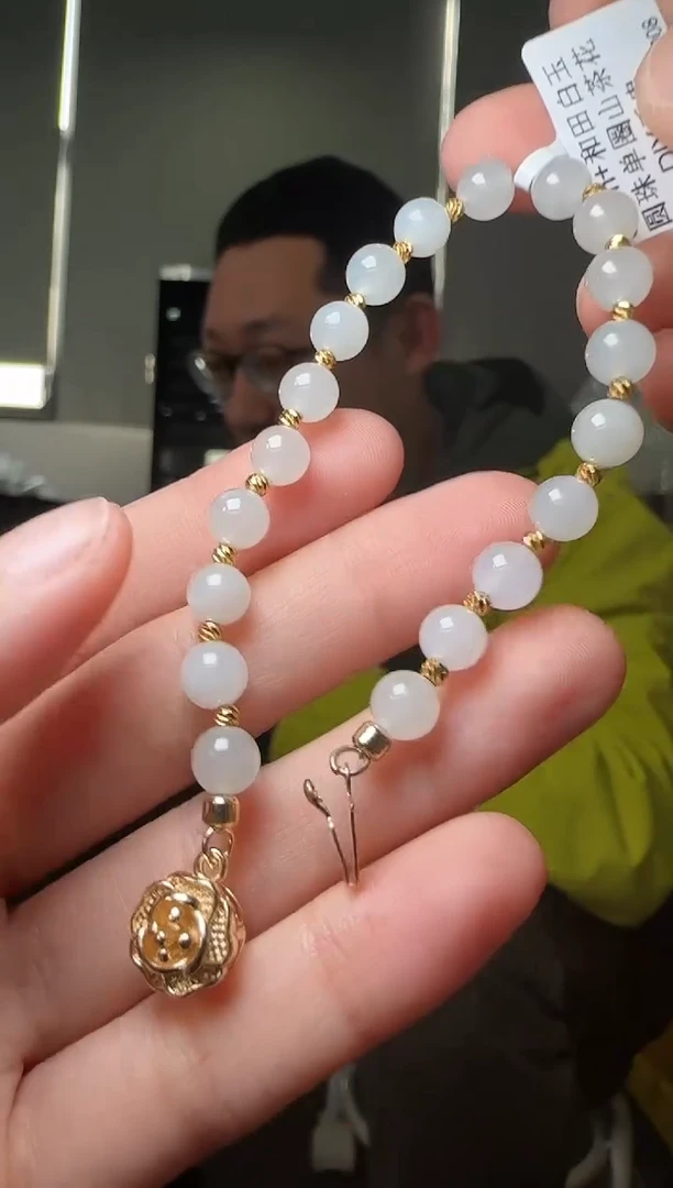 【闪购商品】和田玉手串未镶嵌6mm+和田白玉圆珠单圈山茶花DIY手串