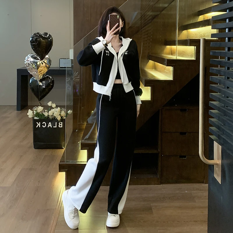 连帽运动休闲套装女春秋2023新款时尚洋气显瘦高端阔腿裤两件套潮
