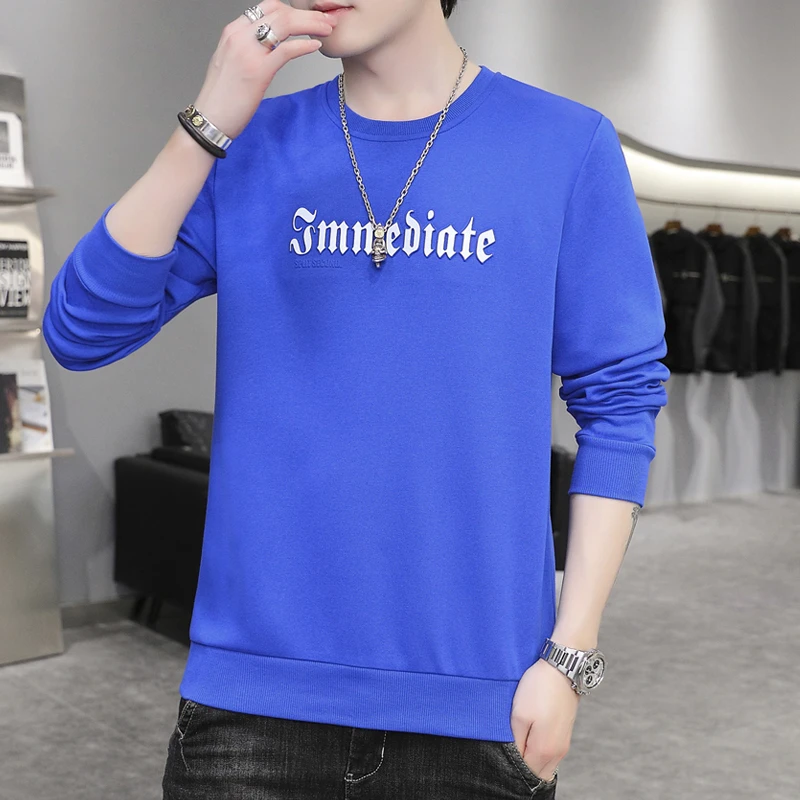 秋冬季男士长袖卫衣圆领蓝色上衣休闲保暖宽松韩版时尚百搭打底衫