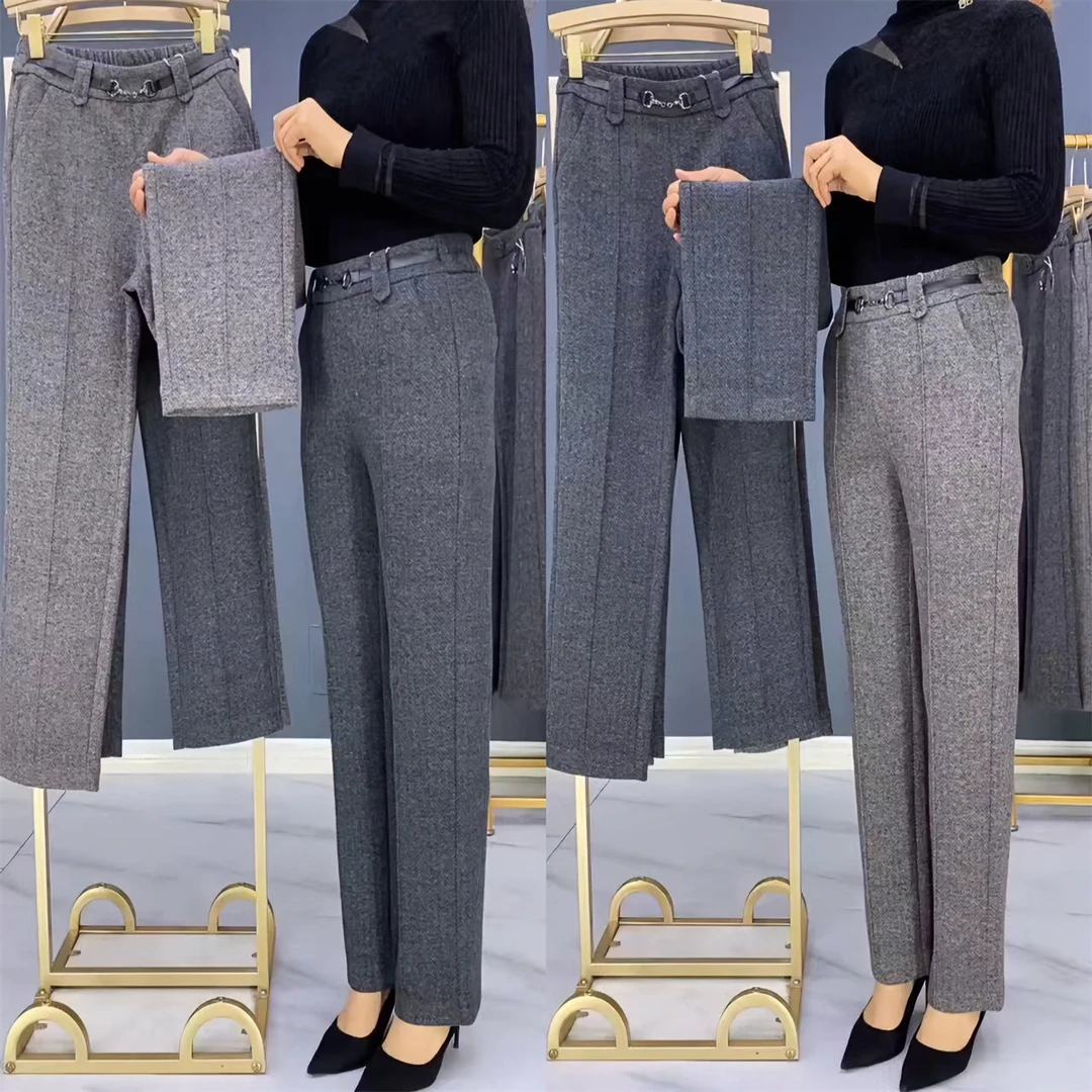 绵羊毛混纺松紧腰直筒裤大码休闲宽松高腰时尚百搭妈妈女士休闲裤