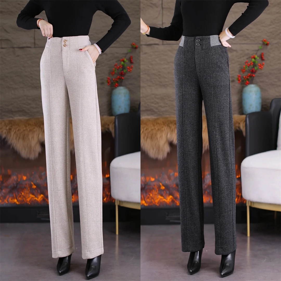 时尚百搭羊毛呢直筒裤女冬季款加厚保暖垂感气质宽松休闲阔腿裤子