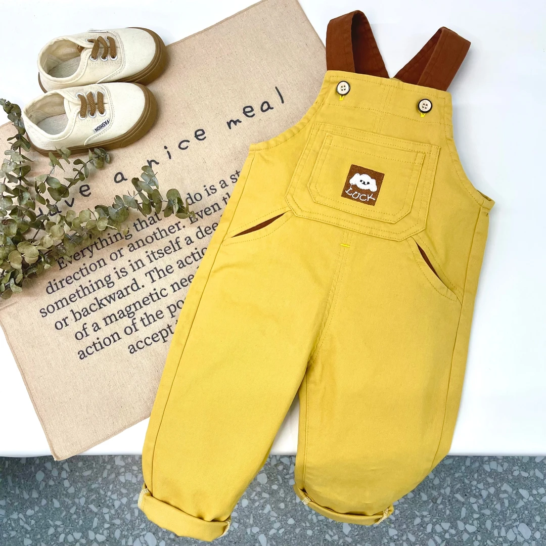 0-3岁春秋儿童新款休闲可爱拼色口袋小童连体宝宝弹力全棉背带裤