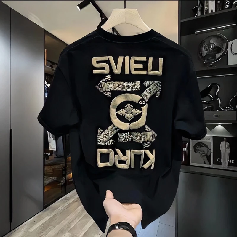 大码男士短袖T恤男春夏韩版宽松设计感轻奢潮流印花休闲体恤i上衣