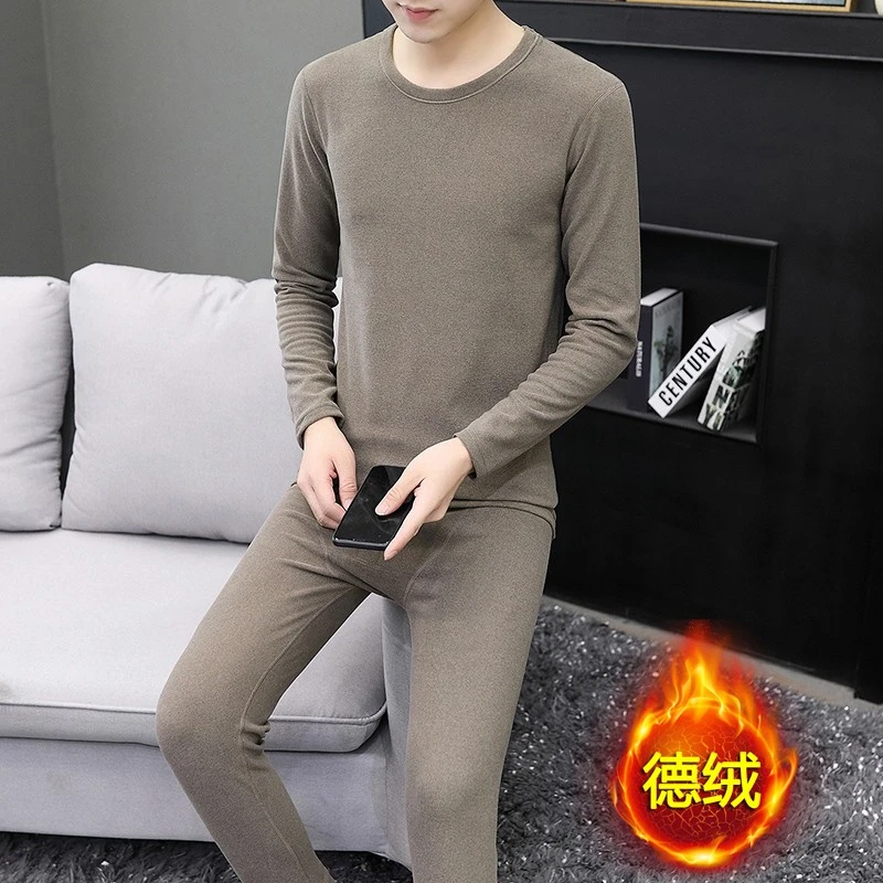 德绒保暖内衣套装冬季男士加绒打底双面磨毛男土德荣秋衣秋裤德容