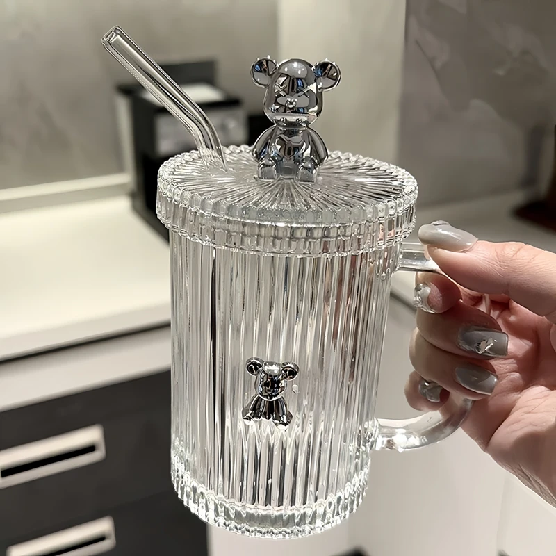 暴力熊玻璃吸管杯简约高颜值透明带盖可爱茶杯条纹大容量奶杯水杯