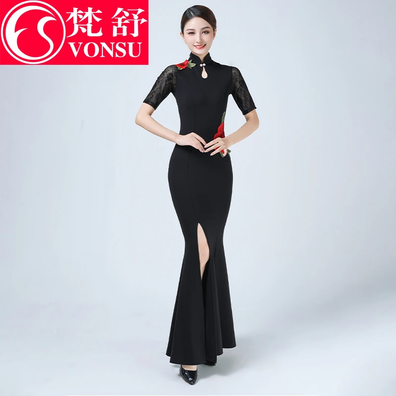 梵舒改良长款模特走秀旗袍仪态礼仪表演出服年轻气质舞台D9636