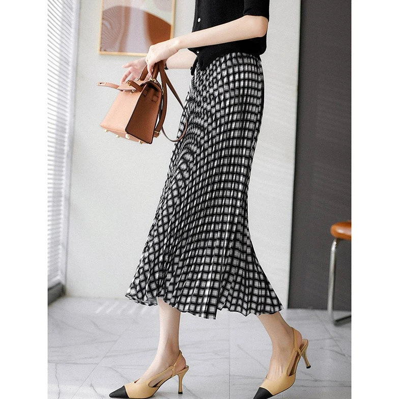 显瘦半身裙女黑白格纹高腰雪纺2025夏季宽松垂感气质遮肚子裙子