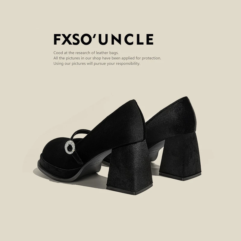 FXSO方巷法式玛丽珍鞋女高跟鞋2024年春水钻黑色丝绒浅口单鞋粗跟