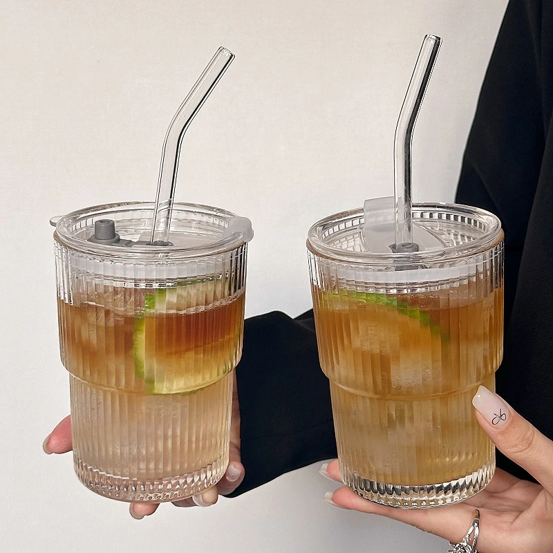 ins风条纹咖啡杯带吸管带盖玻璃随手杯夏季冰美式拿铁杯喝水杯子