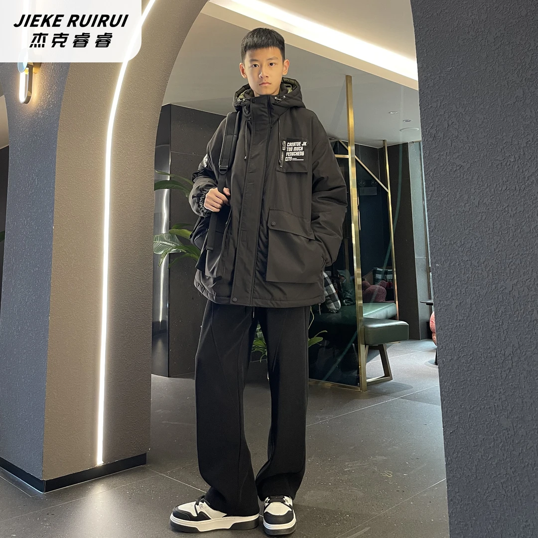 【现货-潮】新款高街连帽棉服外套大童男休闲绣花字母外套杰克睿睿