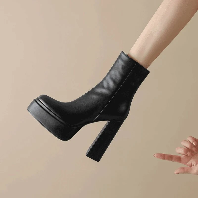 防水台超高跟短靴女真皮百搭方头粗跟瘦瘦靴子黑色厚底粗跟马丁靴