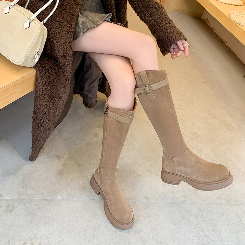 4.5CM韩版绒面粗跟长筒靴女百搭圆头磨砂皮高筒靴秋冬时尚瘦瘦靴