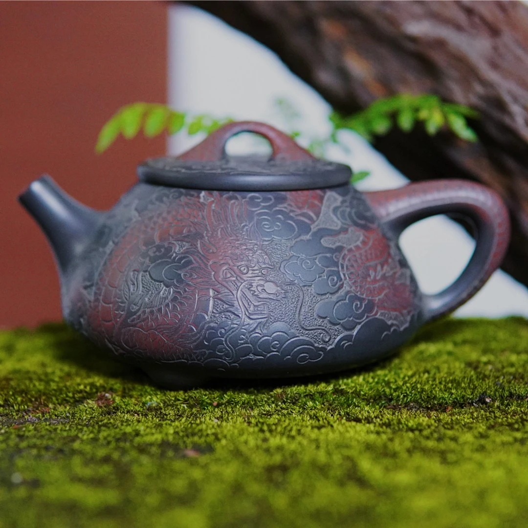 九桂【坭兴陶】石瓢壶 陶刻龙凤呈祥 220cc容量 高端泡茶壶 精品