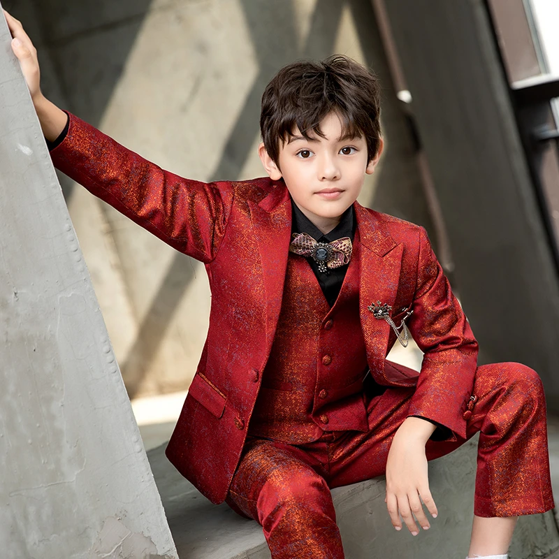 男童西装套装秋冬宴会红色生日小西服帅气儿童走秀礼服主持演出服