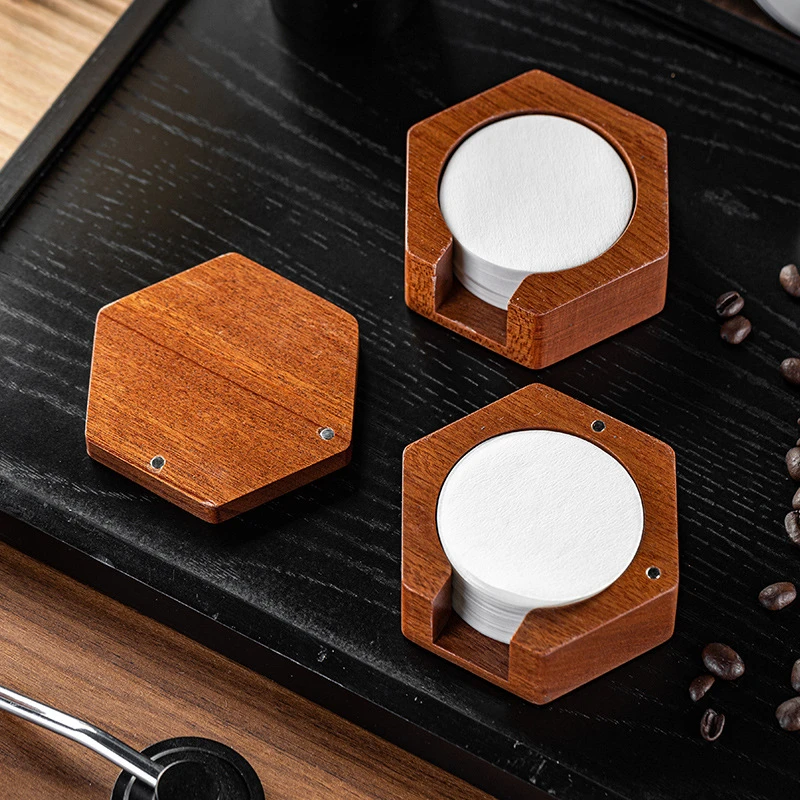 摩者圆形意式咖啡过滤纸收纳摩卡壶滤纸实木收纳底座58/53/51通用