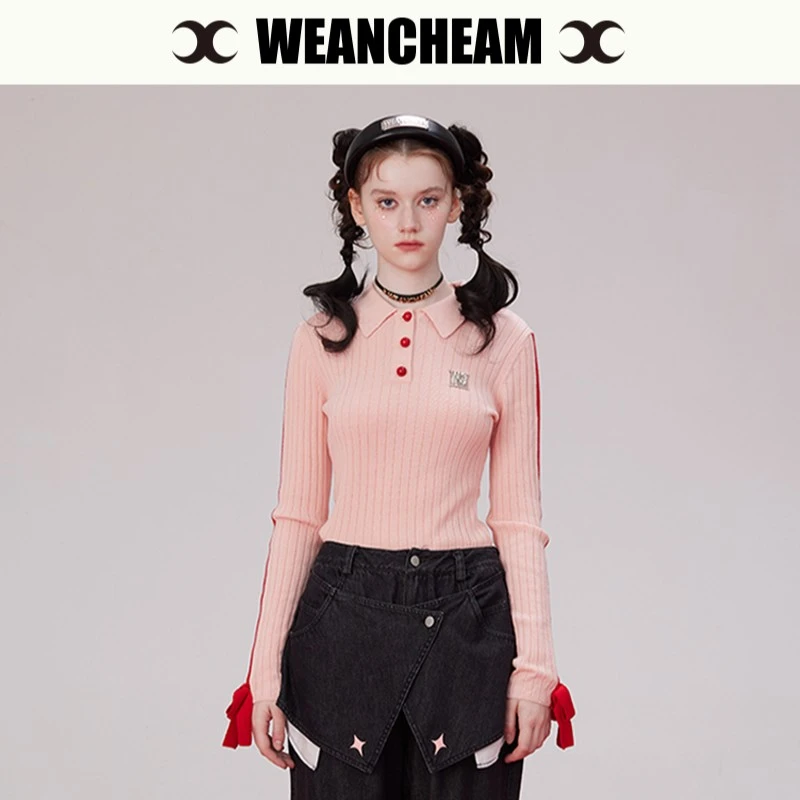 WEANCHEAM秋冬蝴蝶结袖口女士长袖时尚翻领羊毛针织衫短款春季