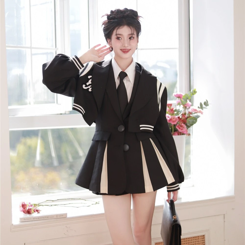 WEANCHEAM松紧腰格纹套装黑色weancheam潮牌女装海军秋季气质高端