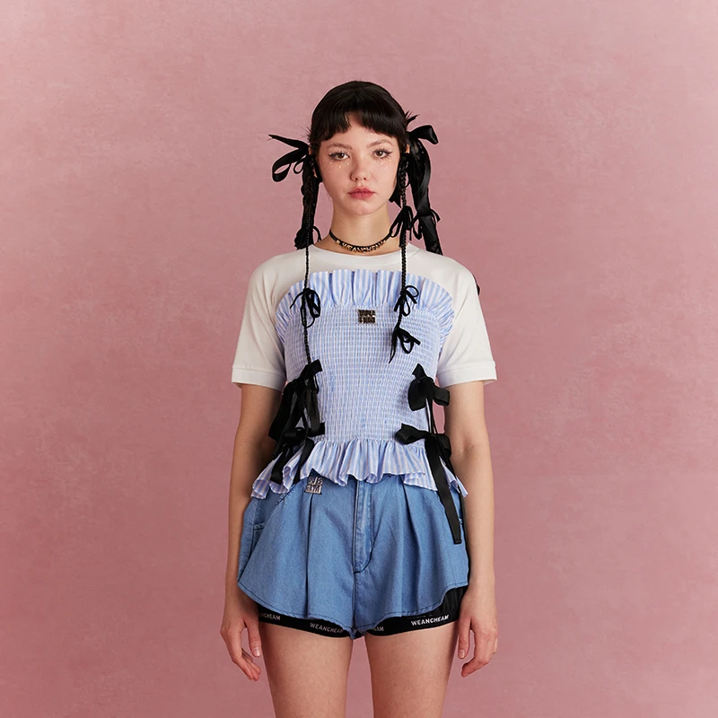WEANCHEAM薄荷曼波23SS夏季印花设计感花边短袖W11CXT007牛仔复古