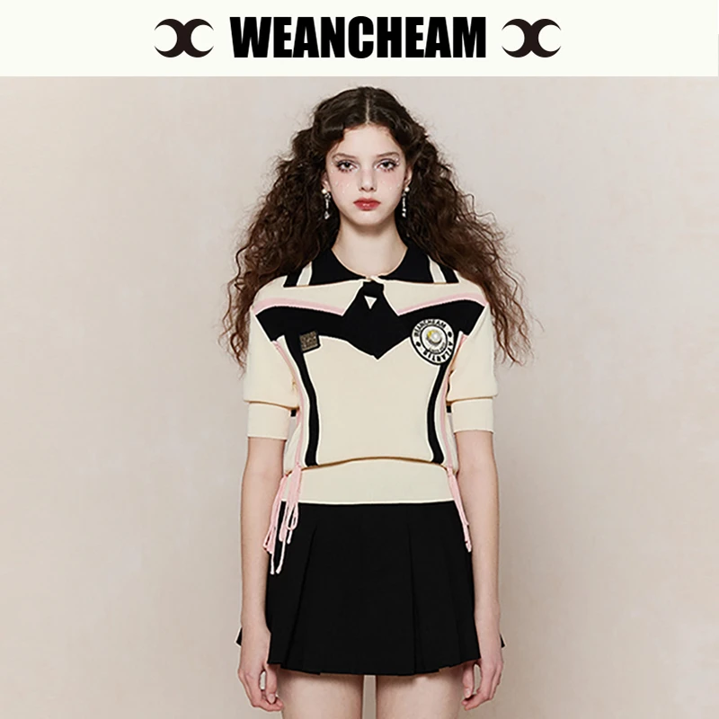 WEANCHEAM未未姆原创设计夏季班味时尚学院风针织短袖W13CXT032