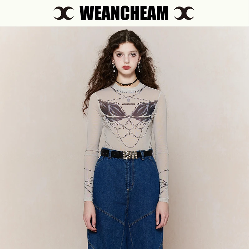 WEANCHEAM设计师半高领印花长袖紧身衣圆领秋冬W13CXT037