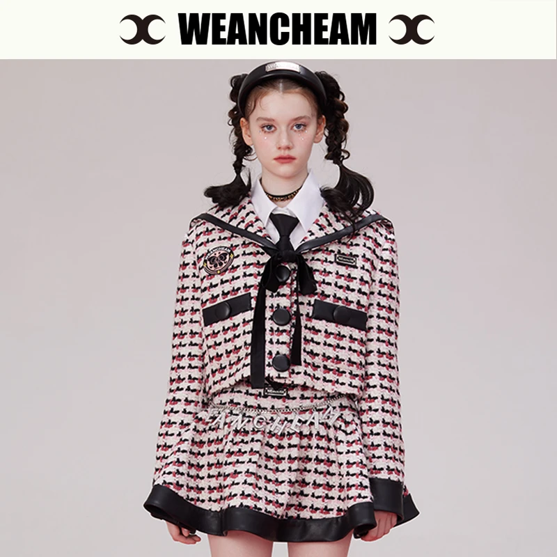 WEANCHEAM海军领设计师小香风立体蝴蝶结千鸟格短裙套装百褶黑白