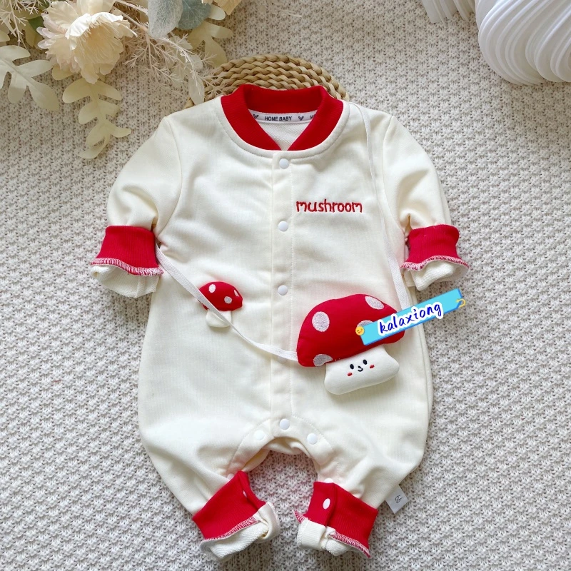 春秋款宝宝衣服新款可爱男女宝宝小蘑菇洋气哈衣爬服