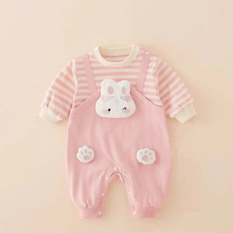 春秋款宝宝衣服新款卡通可爱条纹小兔青蛙假背带男女宝宝哈衣