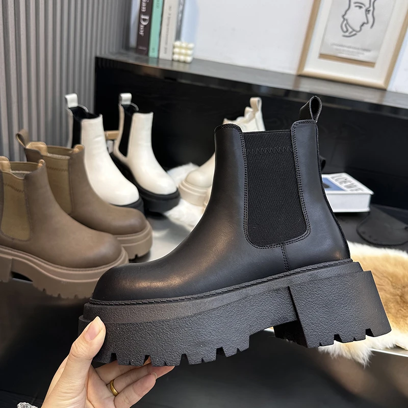 2023欧货真牛皮厚底马丁靴女冬季新款英伦风加绒烟筒靴切尔西短靴
