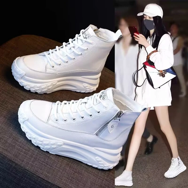 2023真皮高帮小白鞋女2023新款秋冬松糕底厚底休闲女鞋内增高高帮