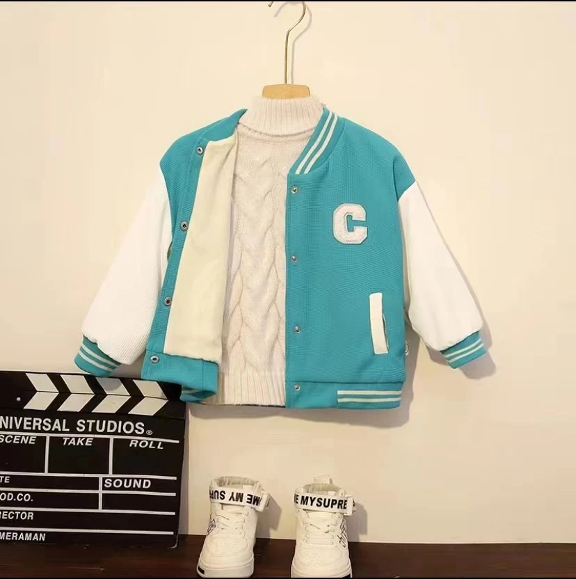 儿童秋冬新款棒球服华夫格面料男女童加绒休闲保暖外套短款上衣潮