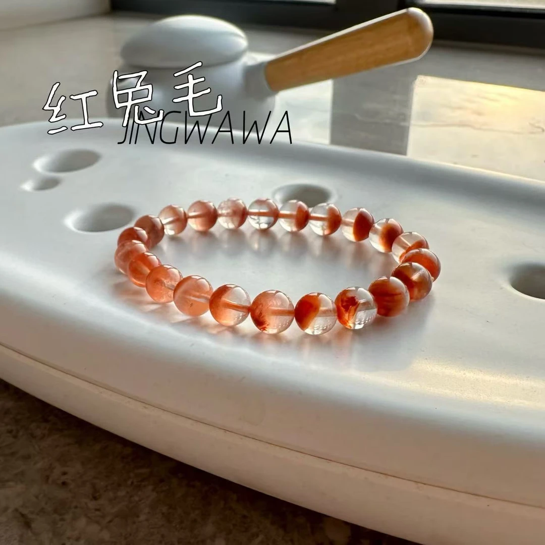 晶挖挖天然高品质红兔毛聚宝盆8m水晶手串小众百搭素圈（WW0001)