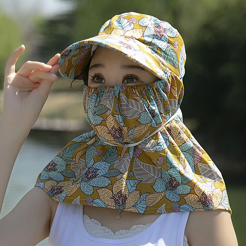 新款绵绸小碎花防晒帽农用下地干活遮阳护颈采茶帽男女款春夏秋款