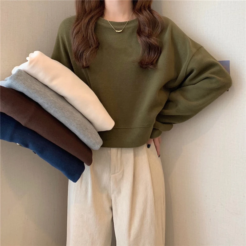2024秋冬新款圆领短款卫衣女韩版纯色套头慵懒风宽松百搭长袖上衣