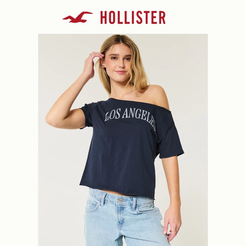 Hollister24秋美式辣妹宽松印花图案露肩短袖T恤女装KI357-4069