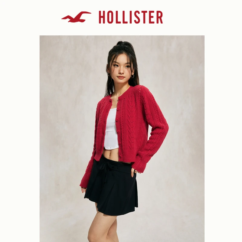 Hollister24绞花短款针织开衫毛衣外套女装KI350-4253