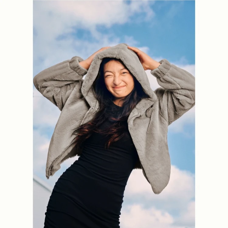 Hollister24冬舒适人造毛皮保暖拉链连帽厚外套女 KI344-4052