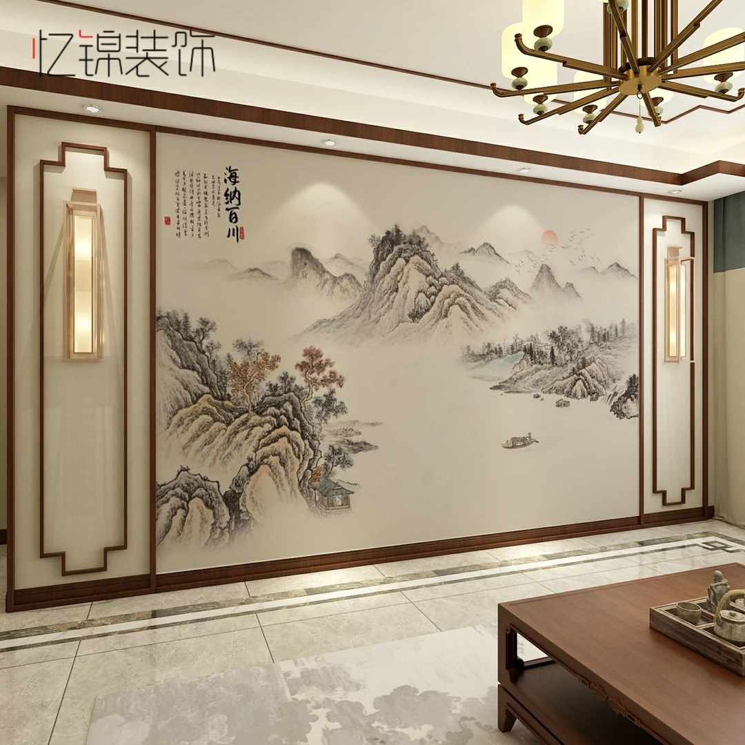 新中式抽象金色山水电视背景墙壁布客厅装饰酒店饭店包厢墙纸墙布