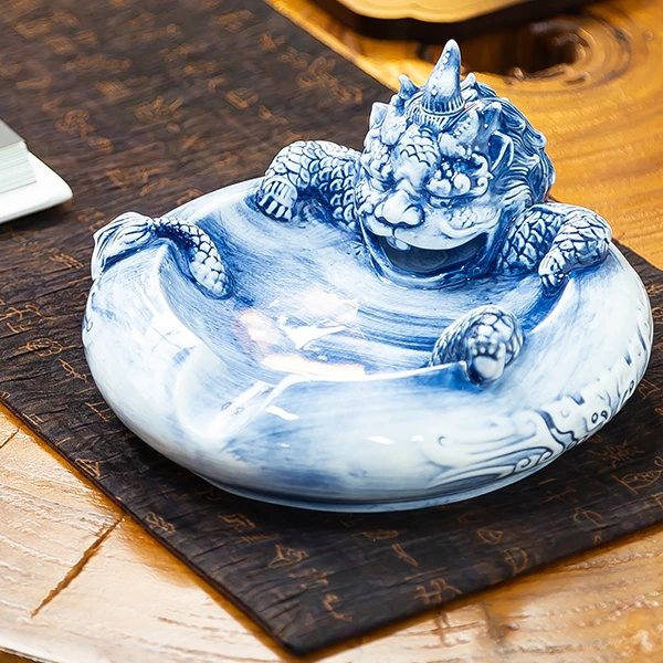 景德镇原创手工烟灰缸家用书房茶桌摆设桌面创意过年家庭摆件狻猊