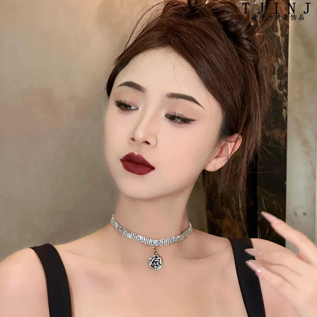 铜合金项链 【人间五月】高级感多排钻锁骨链山茶花choker小项链