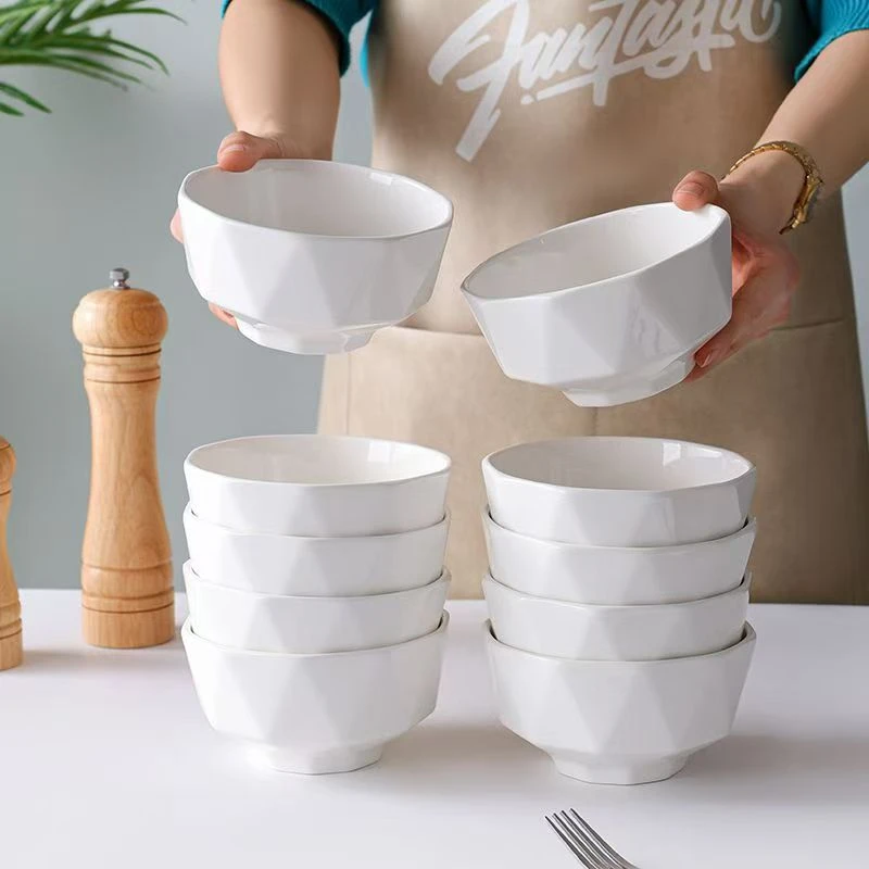 10个装纯白陶瓷碗家用2025新款菱格4.5英寸吃饭碗米饭碗碗餐具
