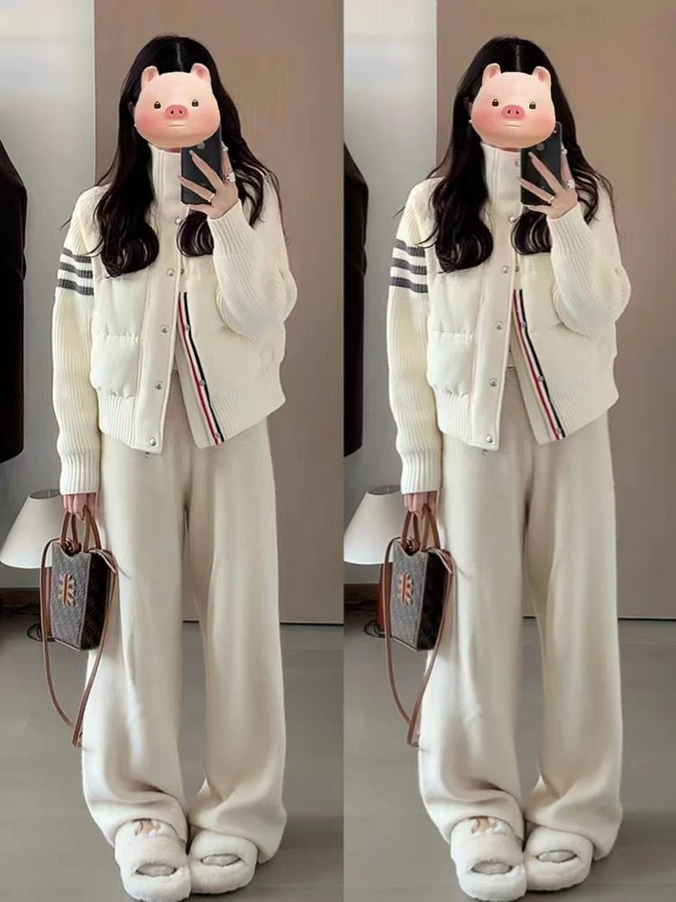 【国标鸭绒】毛线袖新款三条杠保暖宽松羽绒服休闲百搭