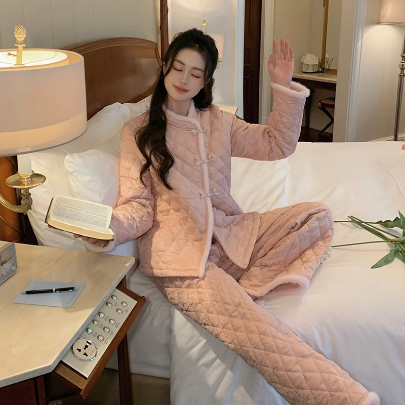 晴雪特厚三层夹棉法式睡衣女秋冬长袖套装防风睡衣开衫学生家居服