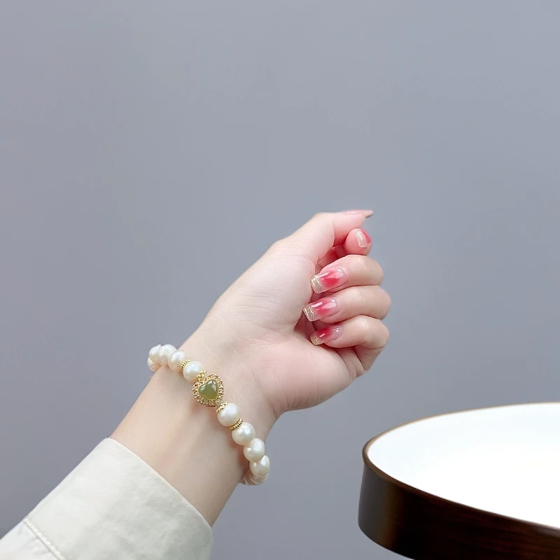 【春姐珠宝】天然淡水珍珠手串8mm搭配 和田玉爱心