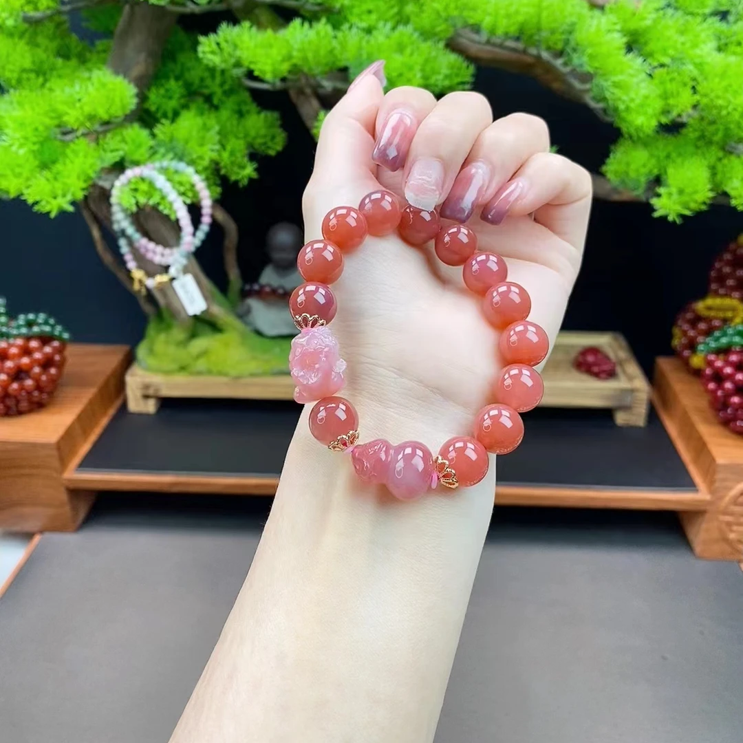【春姐珠宝】天然绯红盐源玛瑙手串12mm搭配葫芦 醒狮（多样性）2244