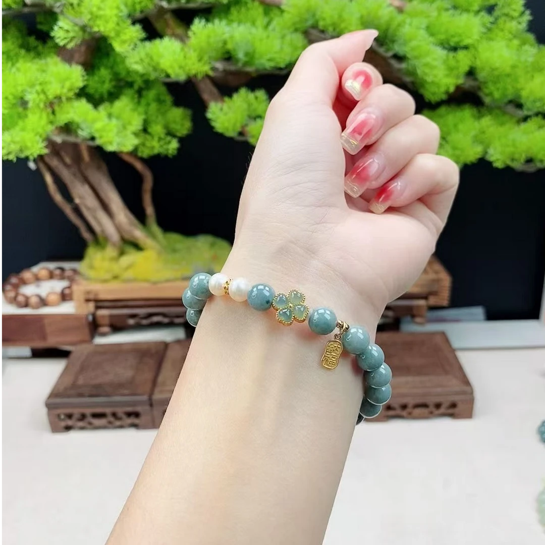 【春姐珠宝】天然A货翡翠手串8mm搭配珍珠 福牌 翡翠四叶草