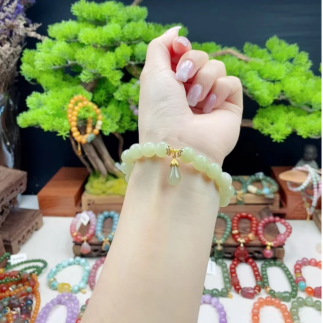 【春姐珠宝】天然和田玉晴水手串9mm搭配 玉兰花滴溜吊坠