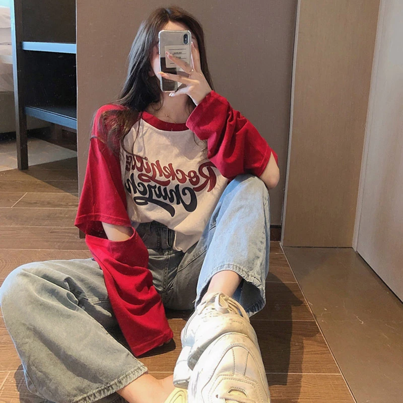 美式红色T恤女2023新款韩版宽松薄款显瘦中长款减龄长袖上衣爆款