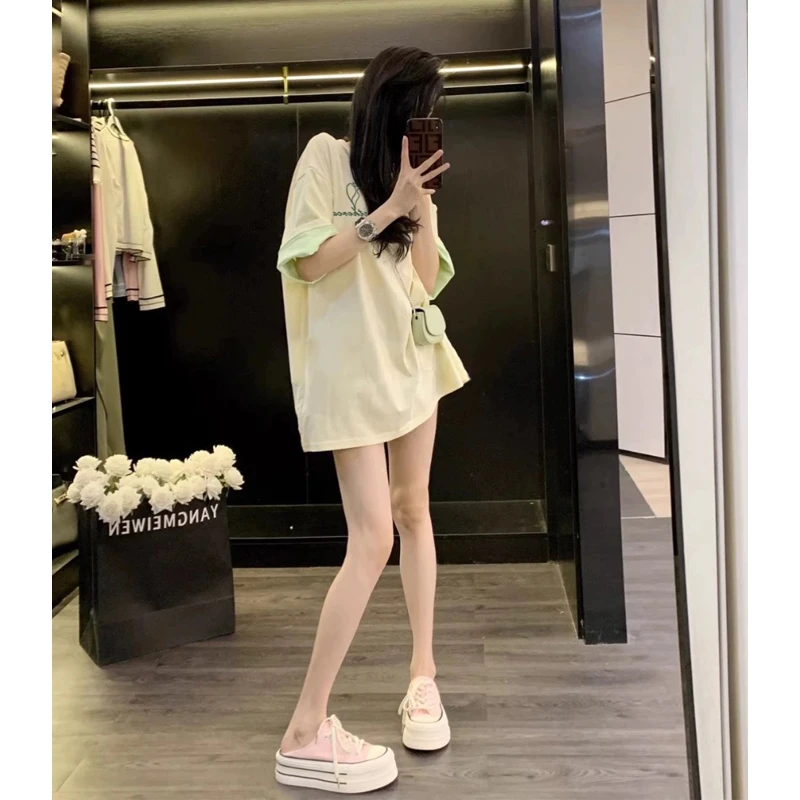 网红杏色短袖t恤女夏季韩版宽松半袖设计感小众印花减龄洋气上衣